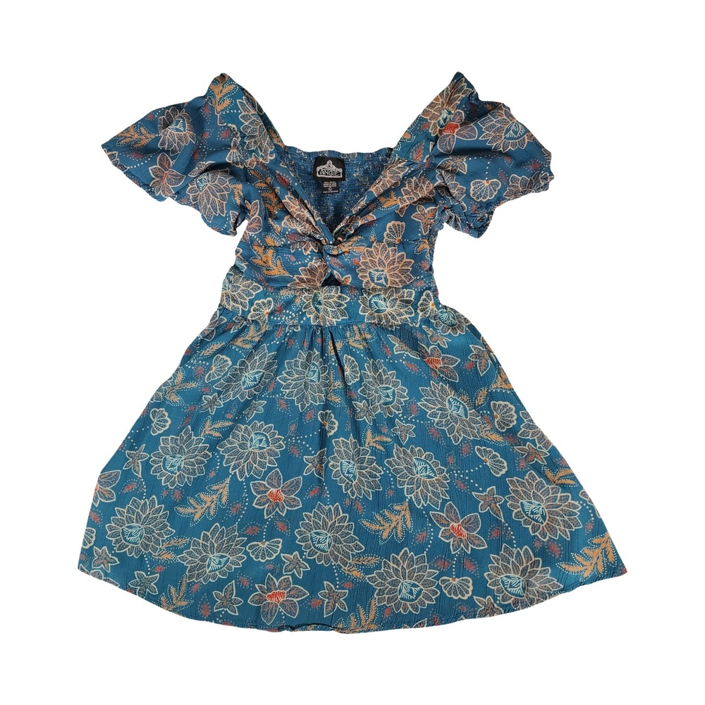 ANGIE Teal Floral Print Twist‎ Front Cutout Flutter Sleeve Mini Dress